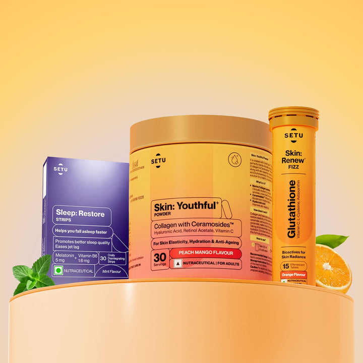 Setu skincare products including a powder container, a box, and a tube on a gradient background