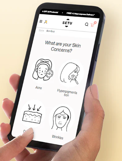 Hand holding a phone showing Setu's skin-concern quiz