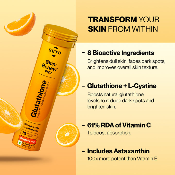 Glutathione + Vitamin C for Skin Brightening & Glow | Orange Flavour | Setu Setu Nutrition Glutathione + Vitamin C for Skin Brightening & Glow | Orange Flavour | Setu Setu Nutrition